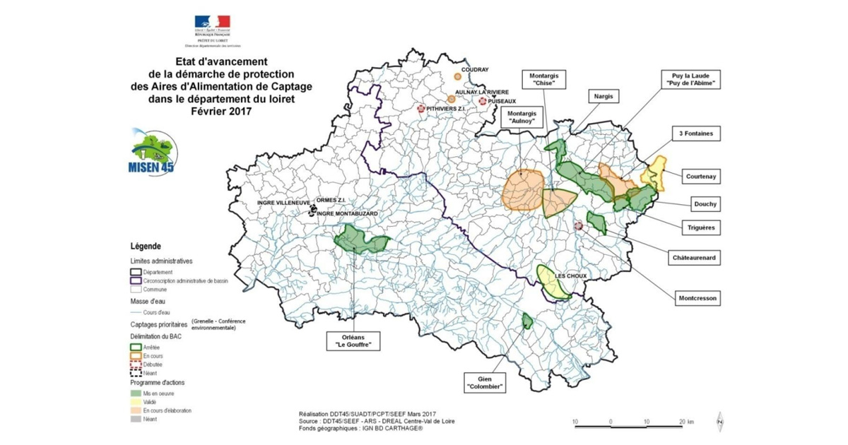 État d’avancement de la démarche de protection des Aires d'Alimentation de Captage dans le département du Loiret - Février 2017 - Source : DDT 45